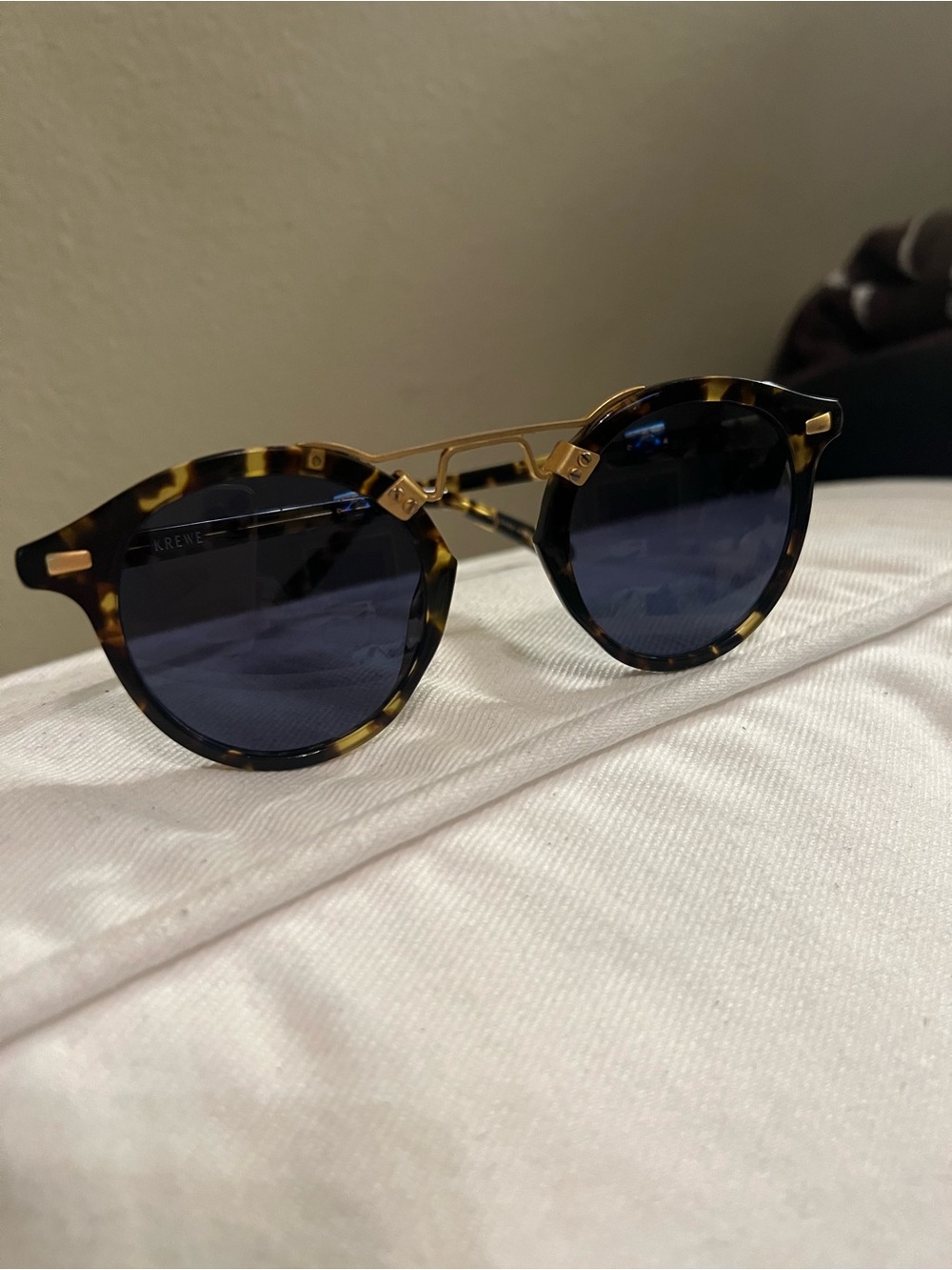 KREWE Tortoiseshell Frame Sunglasses with Dark Blue Lenses